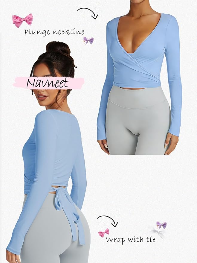 Navneet Women Long Sleeve Ballet Pilates Yoga Wrap Tie Front Tops Workout Gym Shirts Cardigan