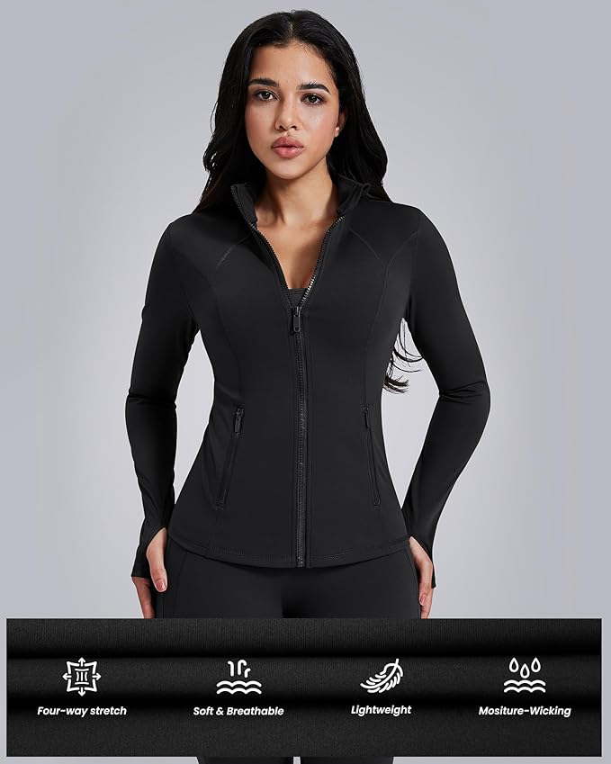 AVGO Womens Workout Jackets Lightweight Athletic Zip Up Jacket Slim Fit Running Gym Top with Pockets & Thumb Holes