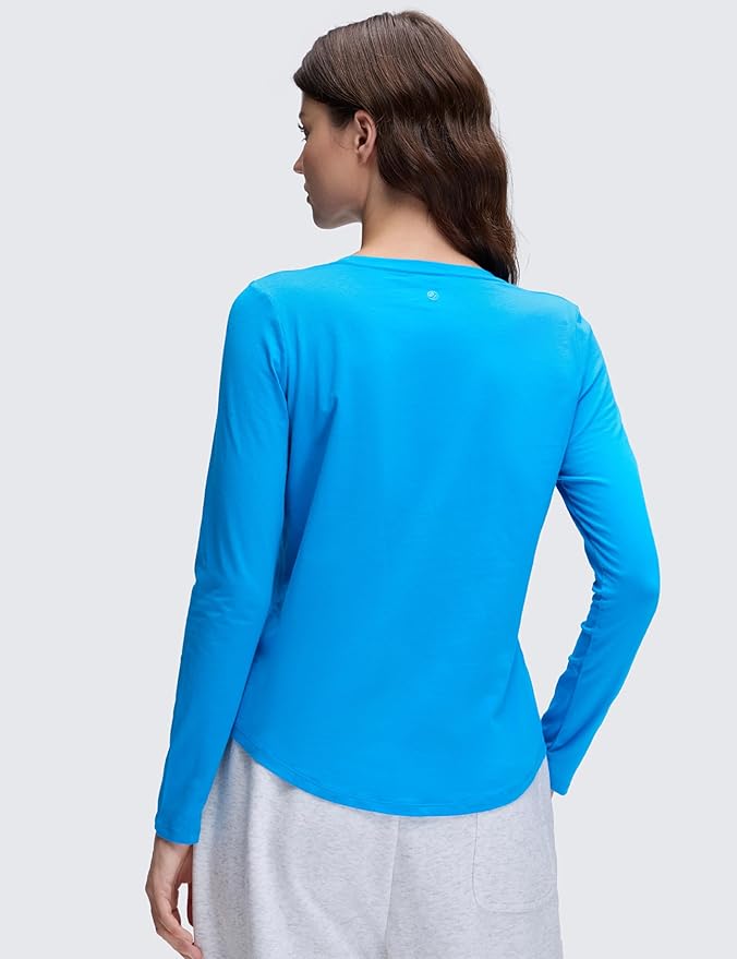 CRZ YOGA Pima Cotton Crewneck Long Sleeve Shirts for Women - Workout Athletic Yoga Casual Tops Soft Plain T-Shirt