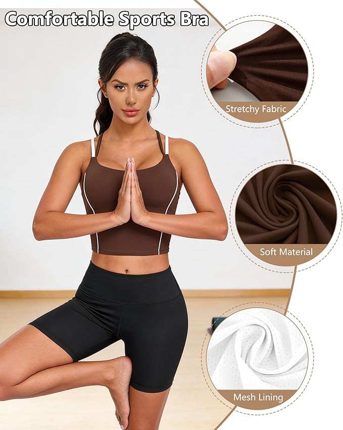 QUOJIZY Longline Sports Bras for Women Spaghetti Straps Tank Top with Built-in Bra Strappy Sports Bra for Yoga