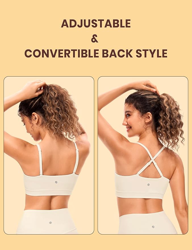 CRZ YOGA Butterluxe Womens Adjustable Spaghetti Thin Strap Sports Bra - Padded Wireless Square Neck Workout Yoga Clothes