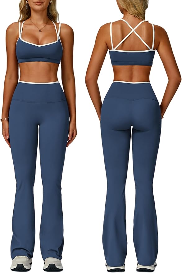 ABOCIW Workout Sets for Women 2 Piece Color Block Strappy Sports Bra High Waist Flare Leggings Gym Yoga Pilates Outfits