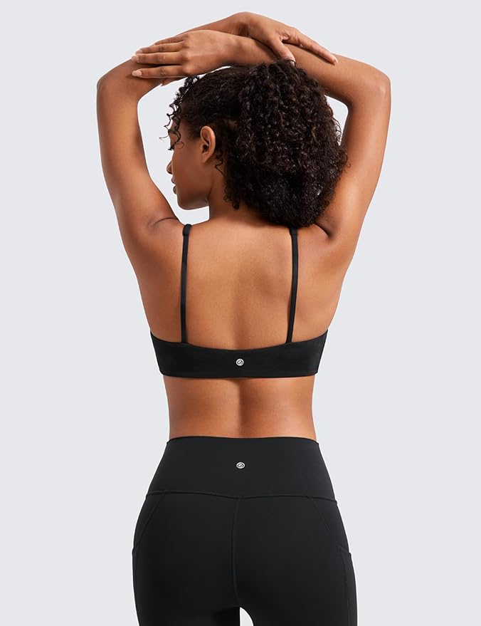 CRZ YOGA Butterluxe Square Neck Spaghetti Strap Sports Bras for Women - Low Coverage Yoga Wireless Padded Cami Crop Top
