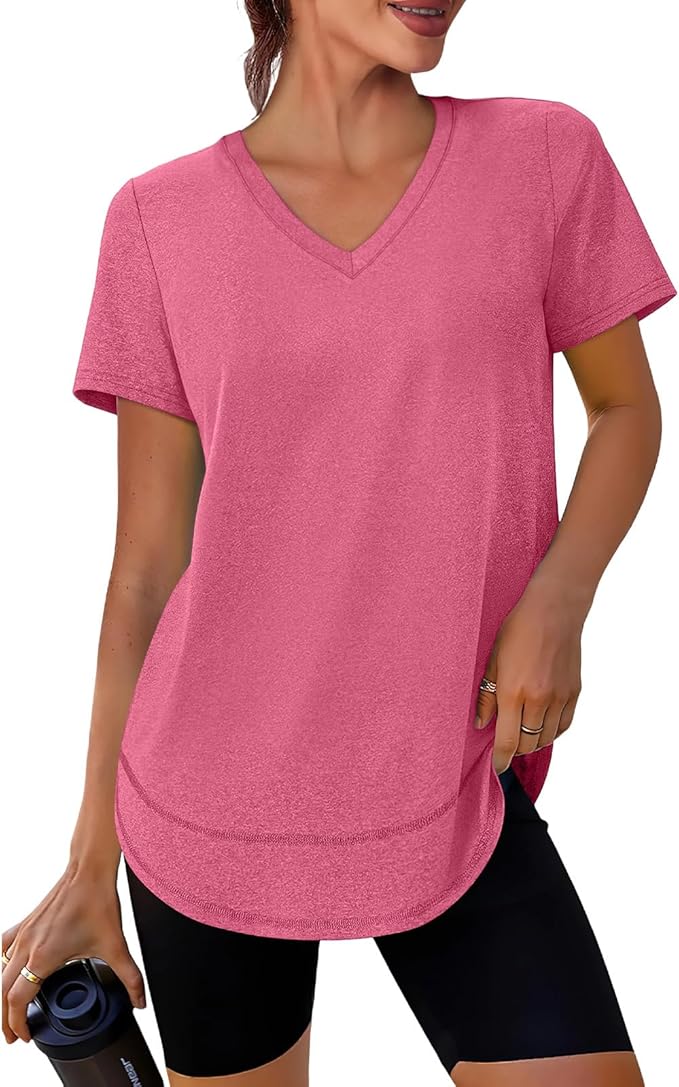 XIEERDUO Womens Workout Tops Short Sleeve Shirts Quick Dry Outfits for Hiking Running V Neck S-3XL