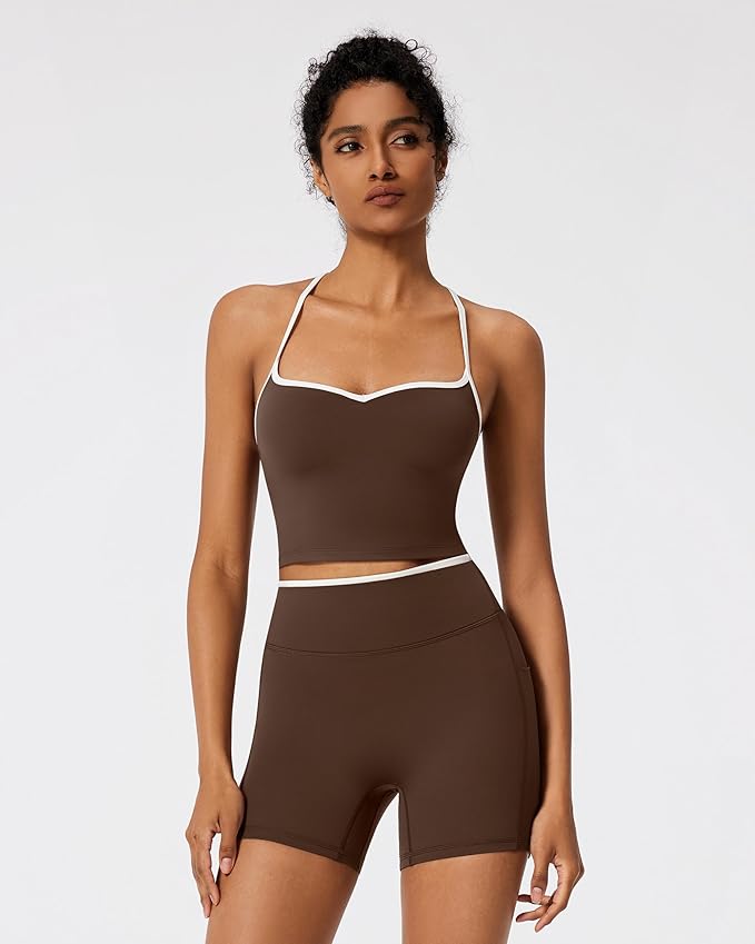 RXRXCOCO Color Block Workout Sets for Women 2 Piece Padded Strappy Tank Tops Hidden Scrunch Booty Shorts with Pockets