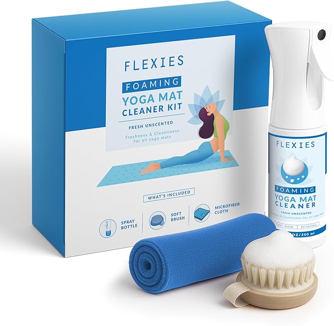 Foaming Yoga Mat Cleaner Spray Kit, Plant Based Non Toxic Mat Cleaner with Brush and Microfiber Cloth, Yoga Essentials for Women and Men, Pilates Mat Care, Fragrance Free