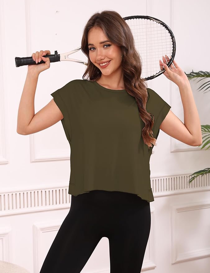 Kumufenc Women Short Sleeve Workout Shirts Open Back Tops Casual Yoga Y2k Athletic Gym Slouchy Crop Running Tees