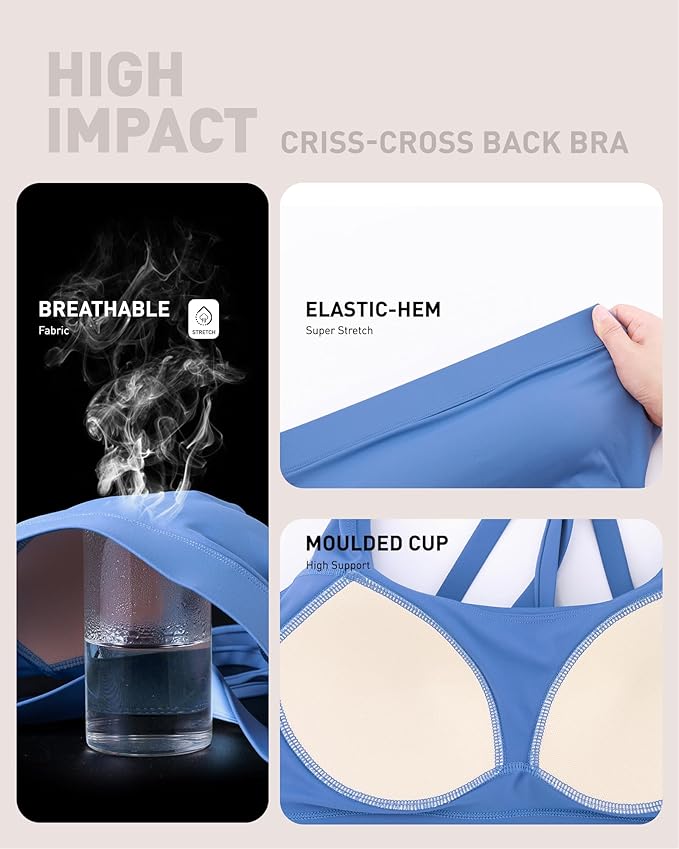 RUNNING GIRL High Impact Sports Bras for Women - Scoop Neck Strappy Sports Bra High Support Moulded Cup Workout Bra