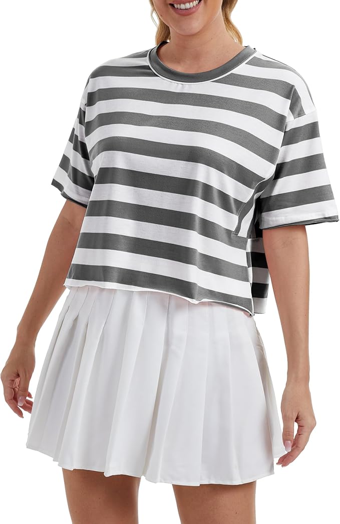Women's Oversize Workout Crop Tops Casual Short Sleeve Drop Shoulder Boxy T-Shirts Roll Hem Basic Loose Yoga Running Tees