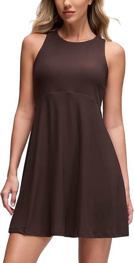 CRZ YOGA Cloudweight Double Layer Midi Dress for Women - Crewneck Flowy Tank Top Sleeveless Outfits for Casual Travel