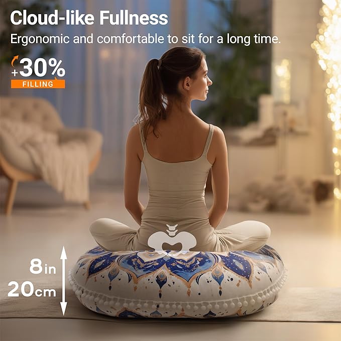 Meditation Cushion Set of 2, 32 Inch Extra Thick Memory Foam Round Floor Pillow with Removable Washable Cover, Bohemian Mandala Yoga Cushion for Adults - Ideal Holiday Decor, Brown