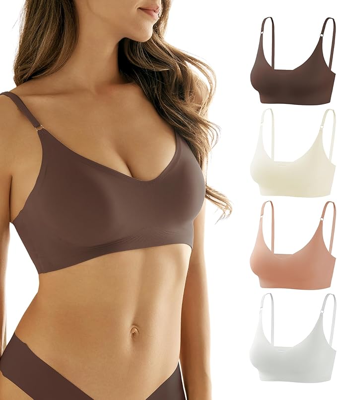 DEANGELMON V Neck Bra Padded Seamless Adjustable Straps Bralettes Everyday Basic Sleeping Bras Multiple Pack