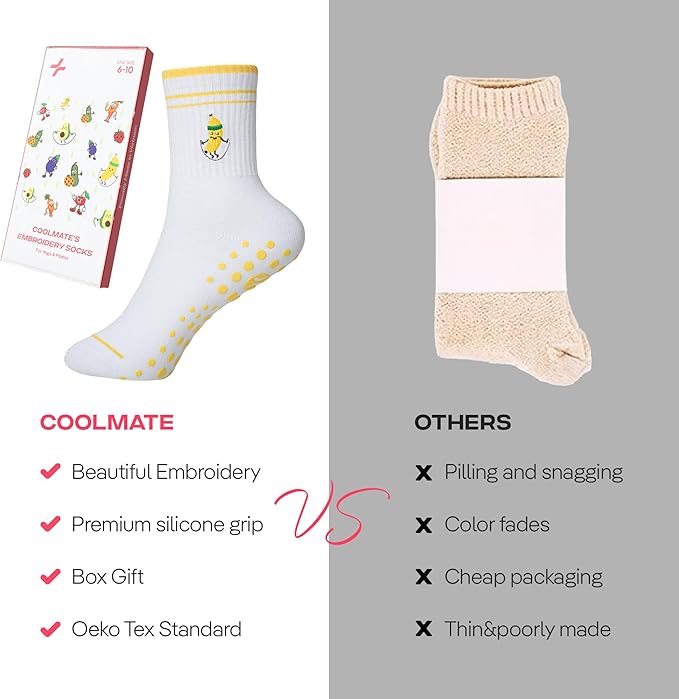 CoolMate Pilates Socks with Grips for Women, Yoga Socks, Crew Non Slip Women for Barre, Pilates Gifts for Women