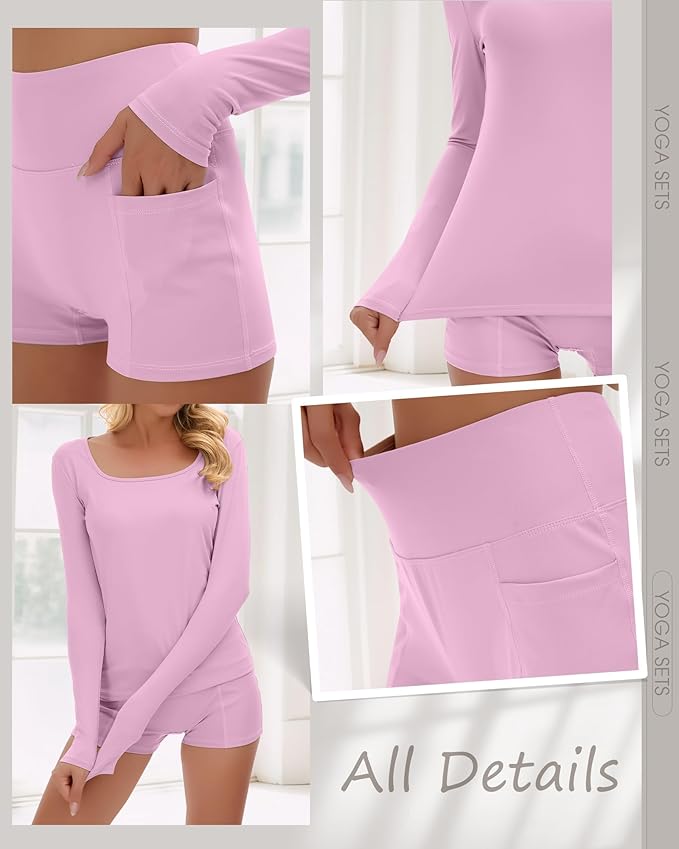 Women Workout Sets 2 Piece Yoga Square Neck Long Sleeve Top Athletic Seamless Short Pockets Sport Gym Run Outfits