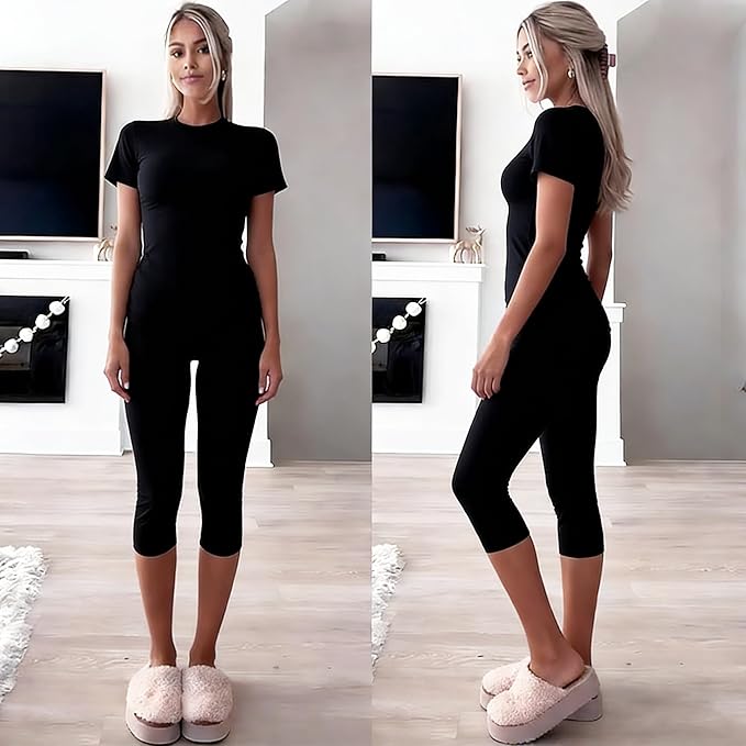 YETOWA Womens 2 Piece Workout Sets High Waisted Tummy Control Crop Top Capri Leggings Stretchy Soft Activewear