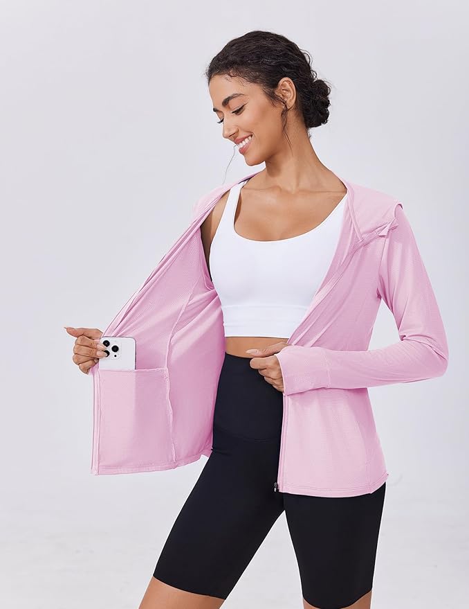 PINSPARK Women's UPF 50+ Sun Protection Hoodie Jacket Lightweight Full Zip Athletic Jacket Long Sleeve Shirt with Pockets