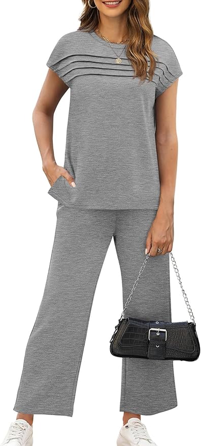 WIHOLL Two Piece Sets for Women Summer Spring Travel Vacation Outfits Cap Sleeve Lounge Matching Sets Wide Leg Pants S-3XL