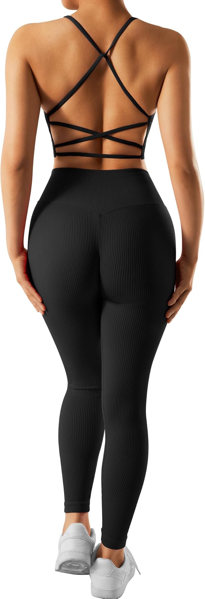 RXRXCOCO Ribbed Workout Sets for Women 2 Piece Backless Strappy Sports Bra Seamless Leggings Matching Set Yoga Outfits