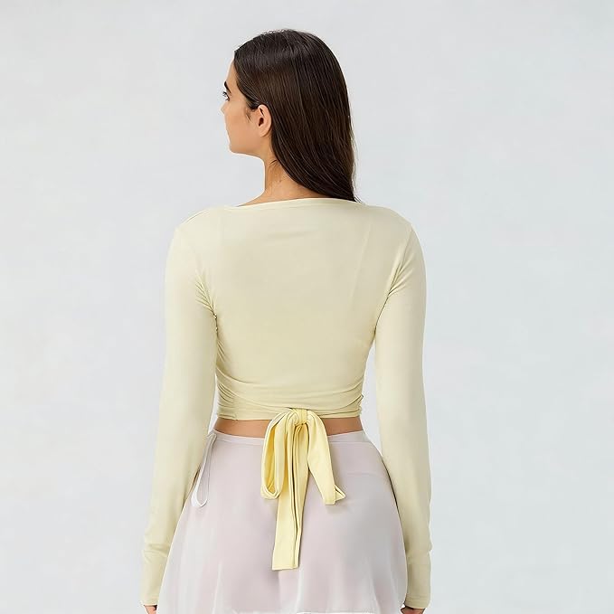Women Wrap Top Thumb Hole Long Sleeve Self Tie Workout Shirt Pilates Ballet Yoga Tops