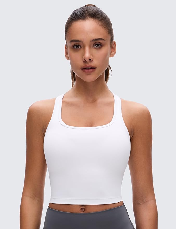 CRZ YOGA Butterluxe Racerback Crop Tank Tops for Women - Padded Y-Back Longline Sports Bras Scoop Neck Workout Yoga
