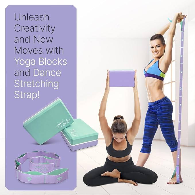 Yoga Blocks 2 Pack with Strap & Guide – Non-Slip EVA Foam Pilates Blocks for Home Workouts, Dance, Ballet, Gymnastics & Stretching Exercise | Ideal Dancer Gifts