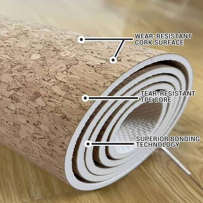 Cork Yoga Mat 6mm Extra Thick Cushioning High Density Natural Rubber Exercise Pad 72 x 24 Inch for Home Gym