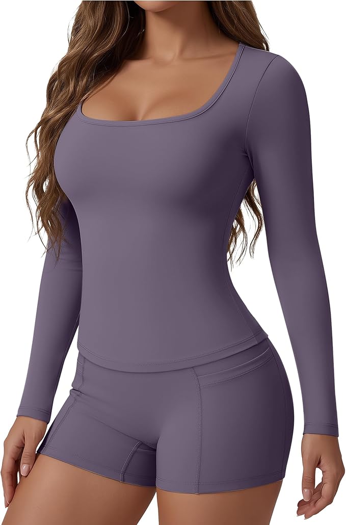 Women Workout Sets 2 Piece Yoga Square Neck Long Sleeve Top Athletic Seamless Short Pockets Sport Gym Run Outfits