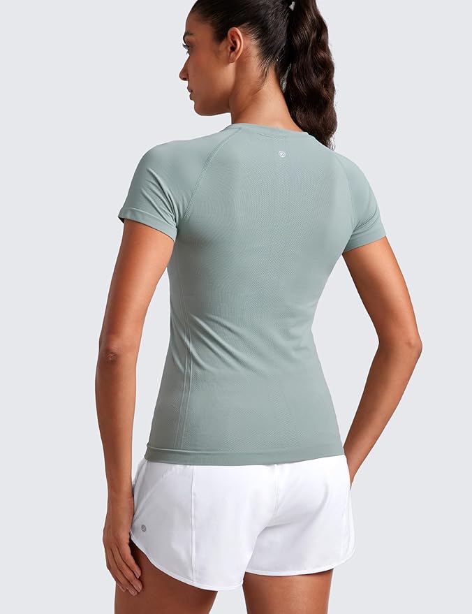 CRZ YOGA Seamless Workout Tops for Women Hip Length - Athletic Running Gym Yoga Short Sleeve Shirts Breathable Crewneck Tees