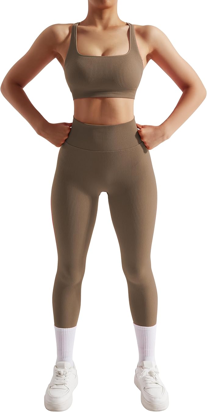 RXRXCOCO Ribbed Workout Sets for Women 2 Piece Backless Strappy Sports Bra Seamless Leggings Matching Set Yoga Outfits