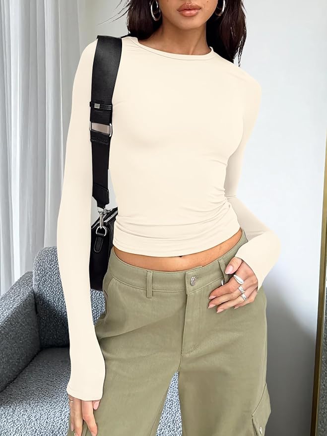 Trendy Queen Womens Long Sleeve T Shirts Fall Fashion 2026 Basic Crop Tops Going Out Outfits Y2k Clothes