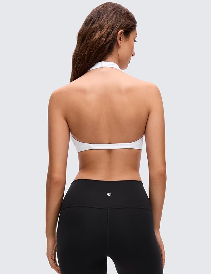 CRZ YOGA Butterluxe Double Lined Twist Halter Sports Bras for Women - Deep V Neck Crop Top Casual Open Back Non Padded