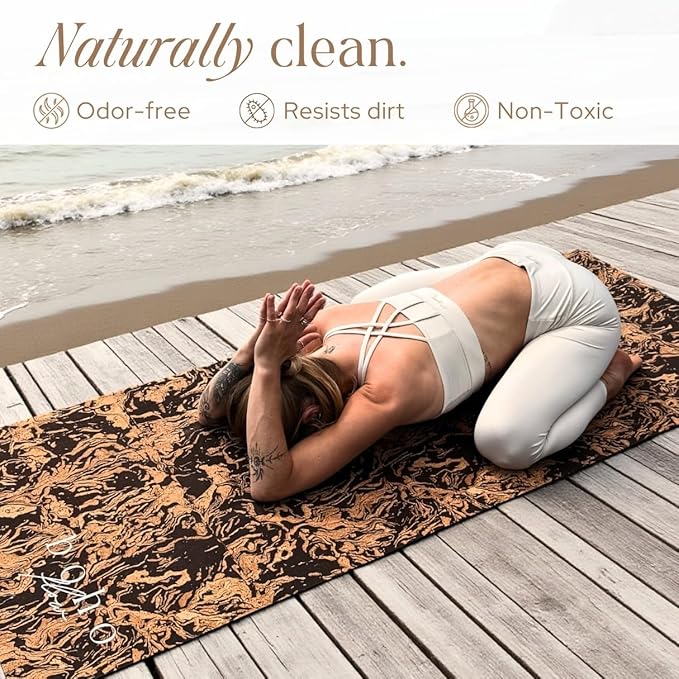 Deluxe Cork Yoga Mat – Gold, Coffee or Vegan Leather Cork Surface & Natural Rubber Base – Premium Natural & Eco Friendly Materials – Includes Signature Handmade Boho Bag