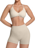 Comper 2 Piece Workout Sets for Women Halter Strappy Sports Bra with Seamless Ribbed Gym Yoga shorts Outfits