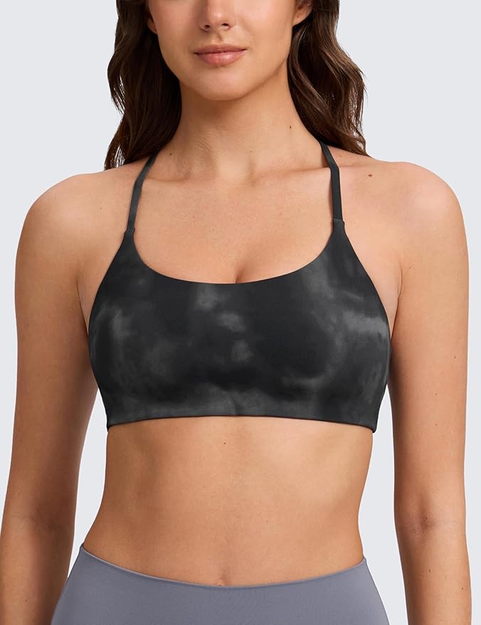 CRZ YOGA Butterlift Double Lined V Back Sports Bras for Women - Scoop Neck Spaghetti Strap Wireless Yoga Top Non Padded