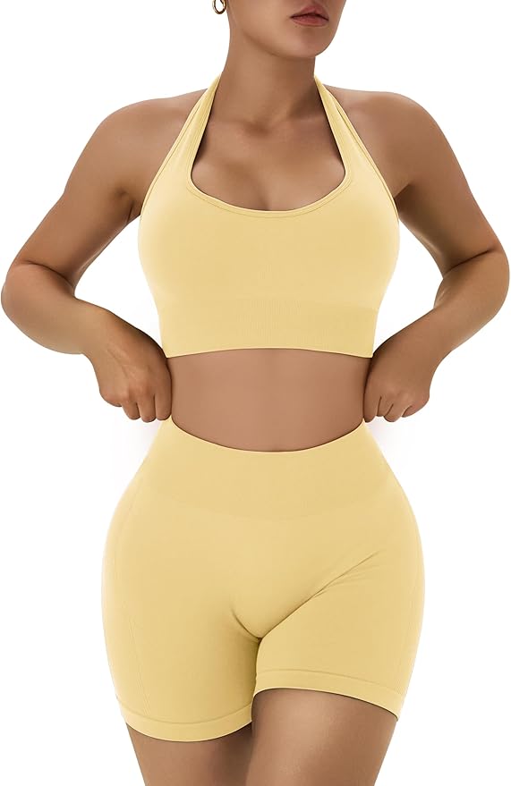 OLCHEE Workout Sets for Women 2 Piece Backless Halter Sports Bra High Waist Booty Shorts Yoga Gym Outfits Lounge Activewear