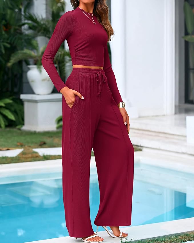 BTFBM Casual 2 Piece Sets For Women Fall Outfits 2026 Ribbed Spring Long Sleeve Crop Top Wide Leg Pants Matching Lounge Set