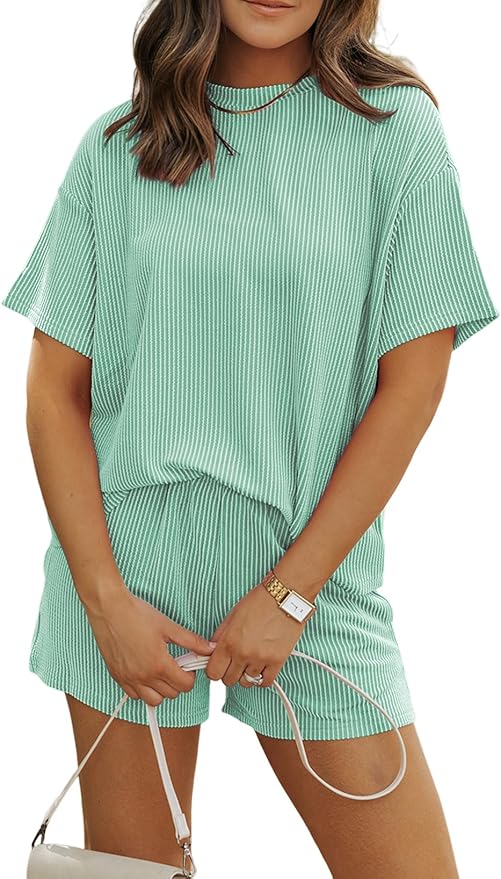 MARZXIN Women 2 Piece Shorts Set 2026 Casual Summer Cruise Outfits Ribbed Loose Short Sleeve Pocket Matching Lounge Sets