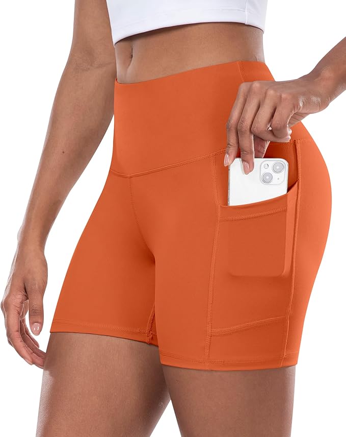 CHRLEISURE Womens Biker Yoga Shorts with Pocket, High Waisted Tummy Control 5 Inch Workout Spandex Athletic Gym Shorts