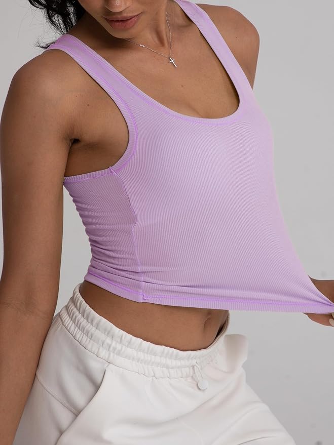 Danysu Women Rib Tank Top Padded Workout Top Square Neck Crop Tank Fitted Basic Cami Tops