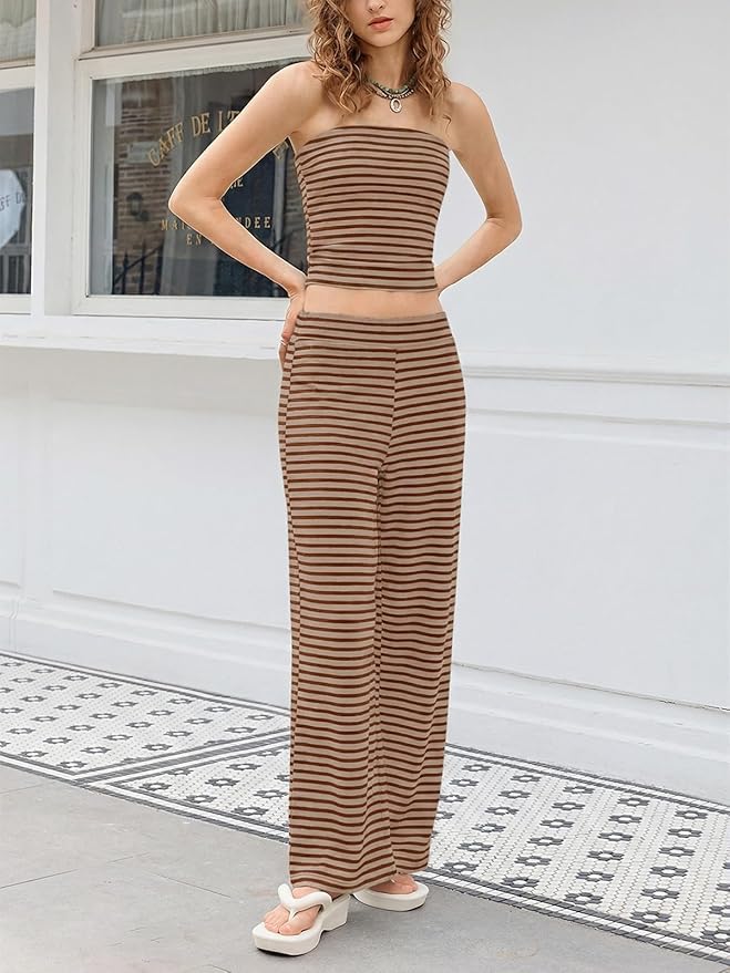 Tankaneo Womens Striped 2 Piece Sets Summer Strapless Crop Tube Tops Wide Leg Pants Matching Lounge Set Vacation Outfits