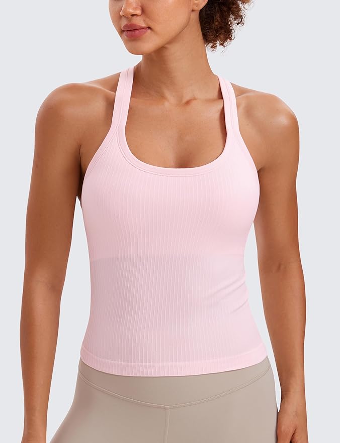 CRZ YOGA Seamless Ribbed Scoop Neck Tank Top for Women - Workout Racerback Padded Athletic Camisole with Built in Bra