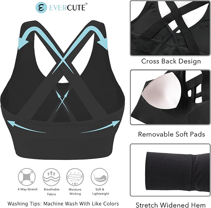 Evercute Sports Bras for Women Padded Medium Support Criss Cross Strappy Bra Seamless High Impact Yoga Exercise Athletic Bras
