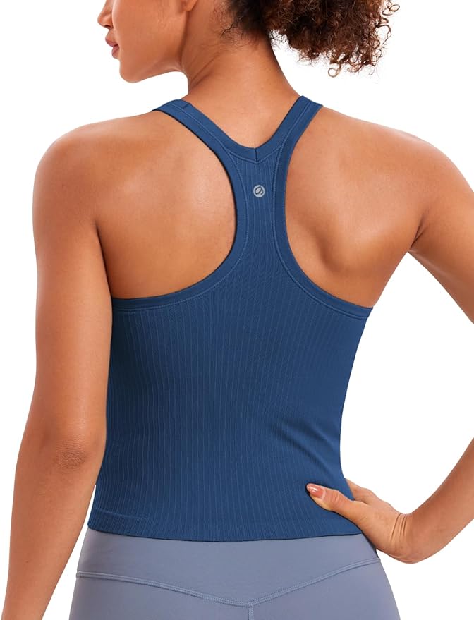 CRZ YOGA Seamless Ribbed Scoop Neck Tank Top for Women - Workout Racerback Padded Athletic Camisole with Built in Bra
