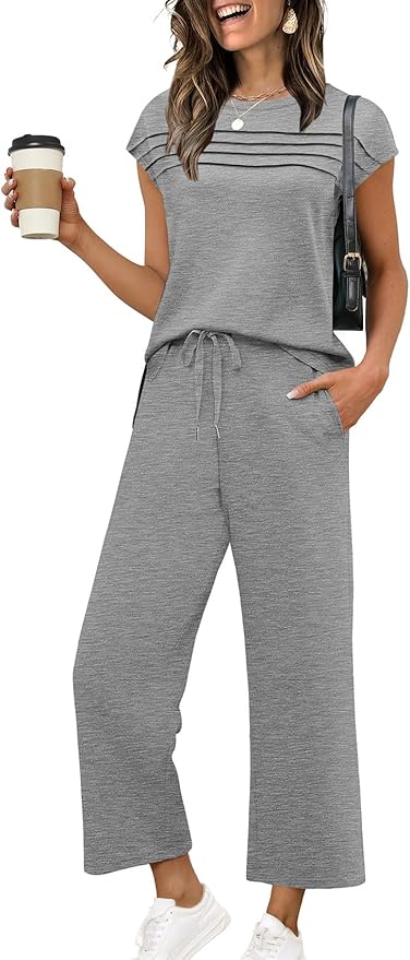 WIHOLL Two Piece Sets for Women Summer Spring Travel Vacation Outfits Cap Sleeve Lounge Matching Sets Wide Leg Pants S-3XL