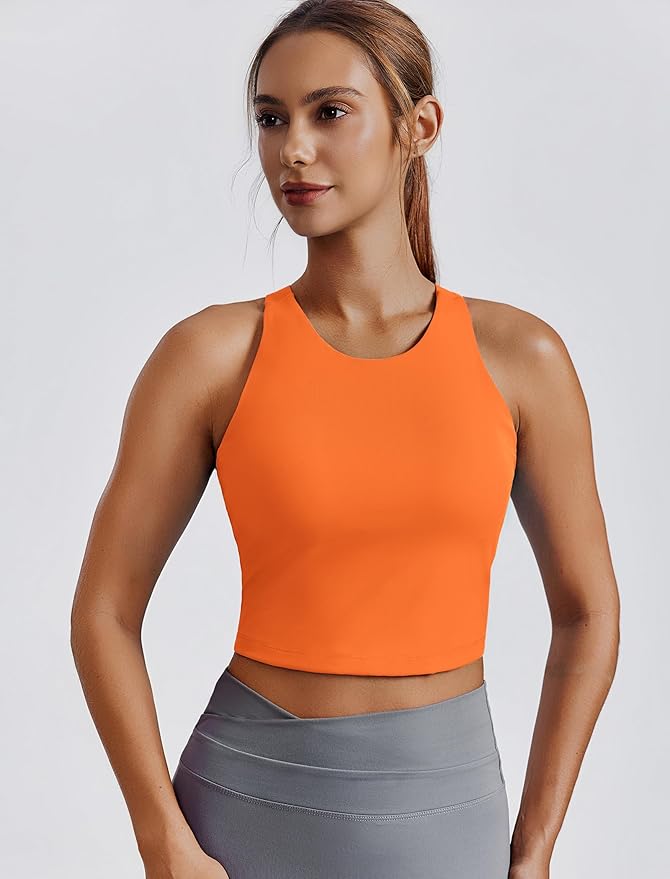 PINSPARK Women Sports Bra High Neck Racerback Workout Crop Tank Top Longline Padded Yoga Tops with Built in Pads