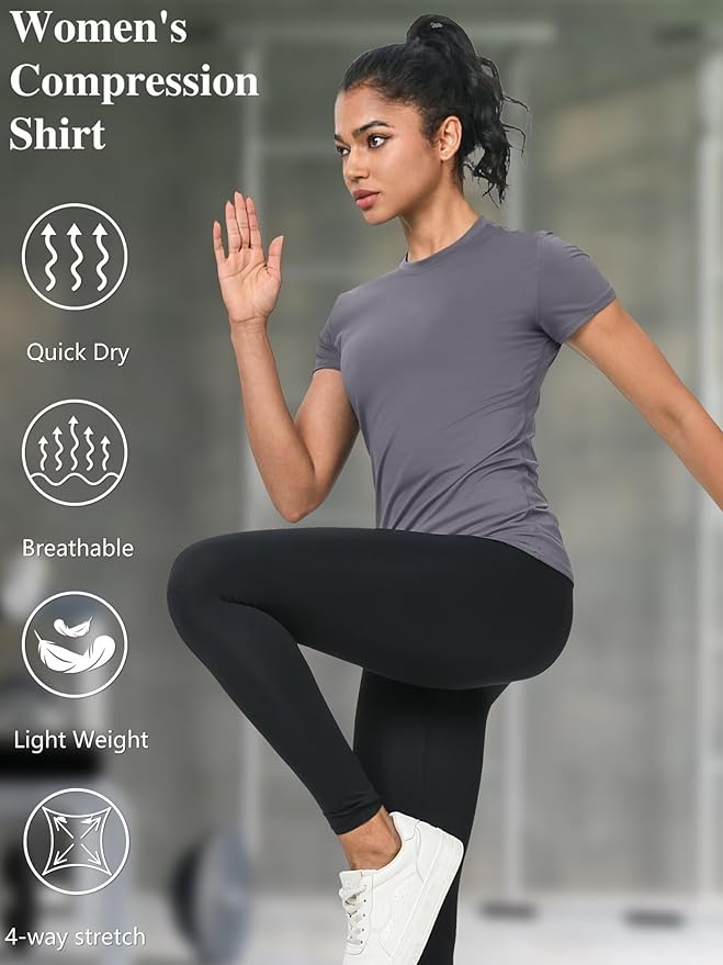 5-Pack Women's Compression Shirts Short Sleeve Workout Tops Athletic Baselayer Quick Dry Gym Yoga Running T-Shirt