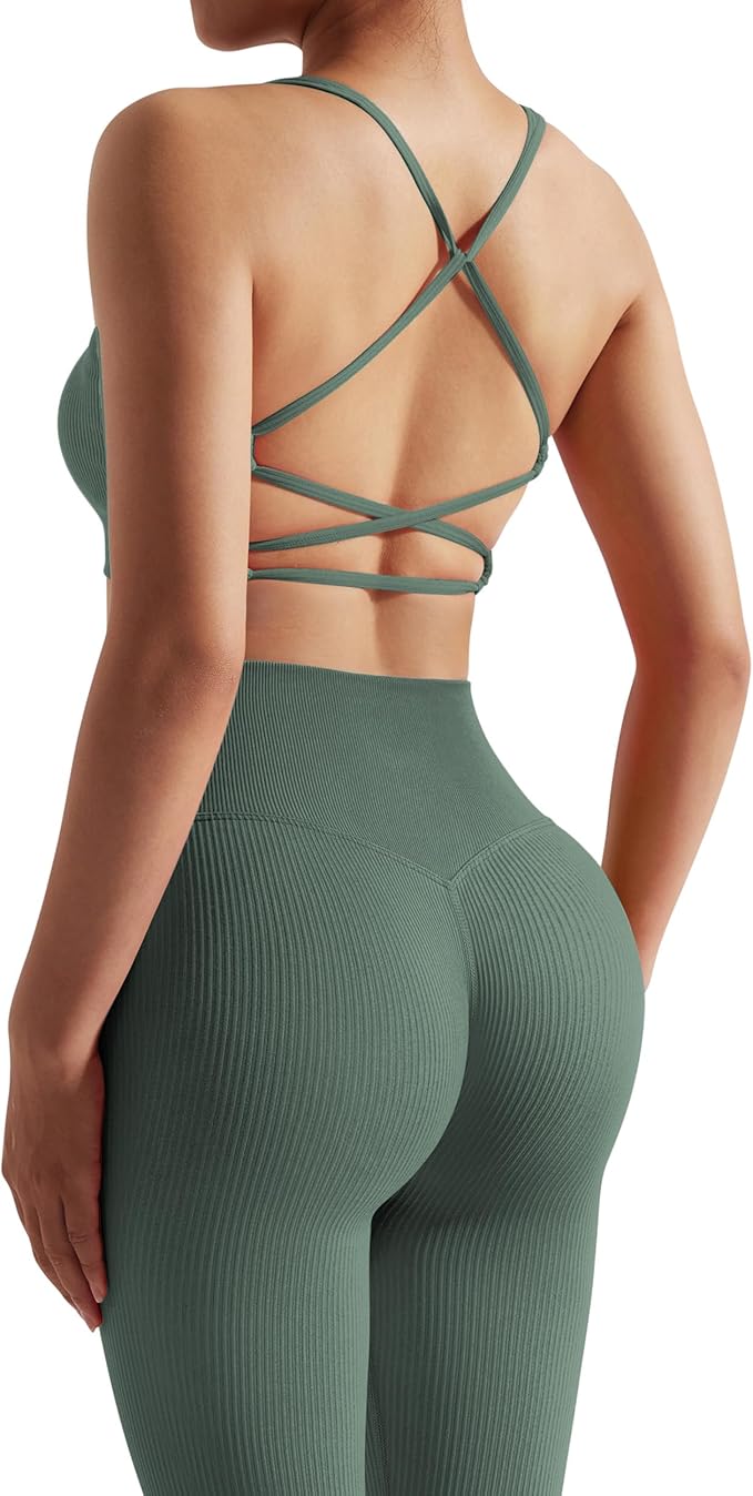 RXRXCOCO Ribbed Workout Sets for Women 2 Piece Backless Strappy Sports Bra Seamless Leggings Matching Set Yoga Outfits