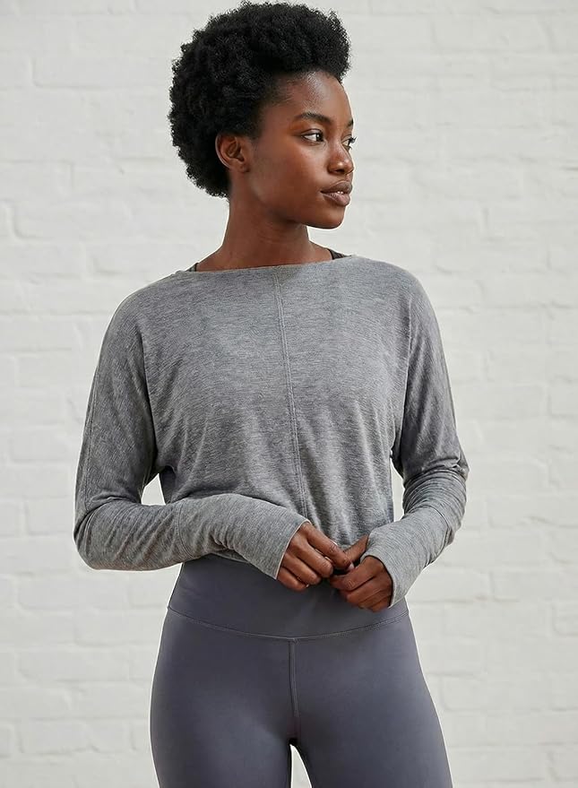Sanutch Women’s Split Back Long Sleeve Crop Yoga Top – Soft Breathable Boat Neck Athleisure Tee for Everyday Wear