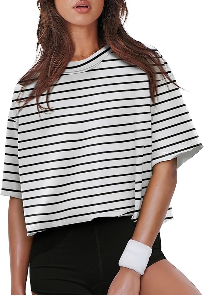 XIEERDUO Cotton Tshirts for Women Drop Shoulder Round Neck Oversized Crop Tops Workout Tops Tees