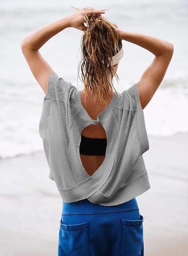 Kumufenc Women Short Sleeve Workout Shirts Open Back Tops Casual Yoga Y2k Athletic Gym Slouchy Crop Running Tees